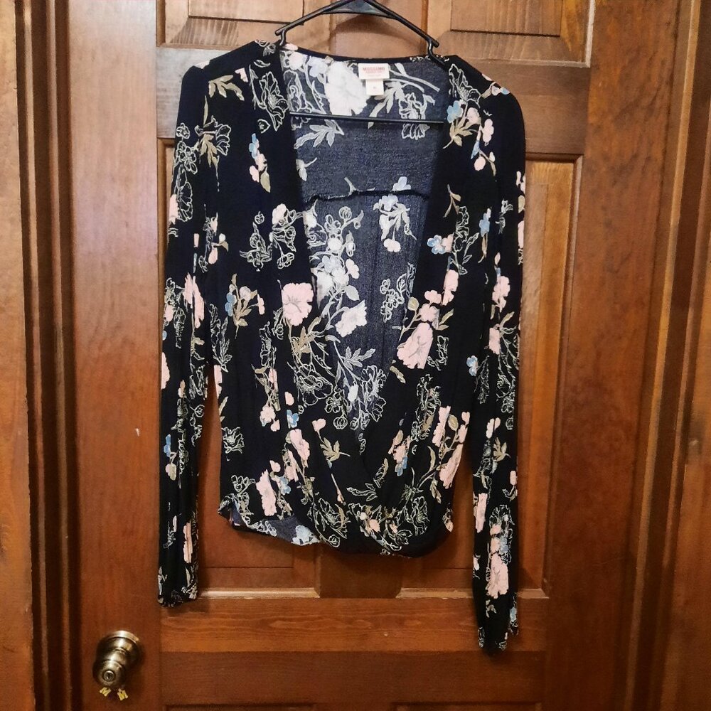 Black Blouse with Pale Blue & Pink Flowers
